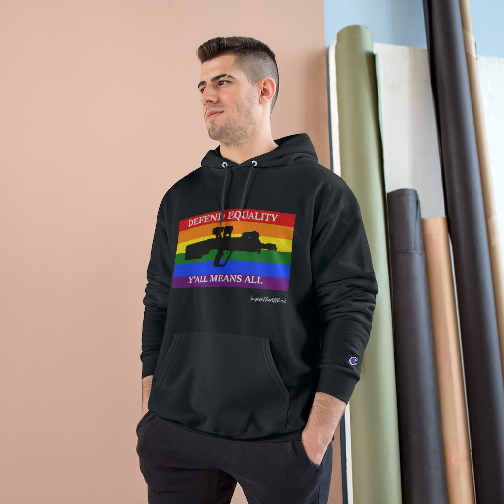 DEFEND EQUALITY - Y'ALL MEANS ALL Pride Flag Hoodie.